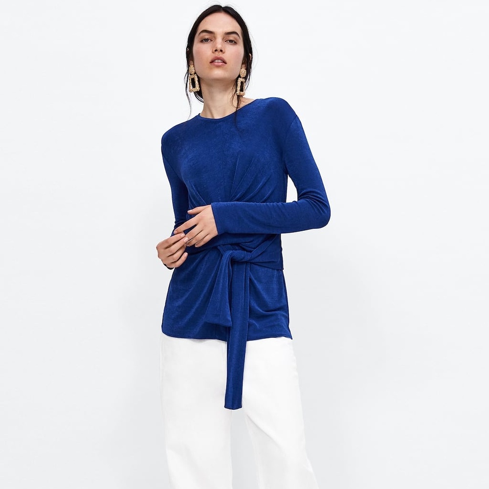 NEW! ZARA BLUE FRONT GATHERED SHIRT, SIZE MEDIUM